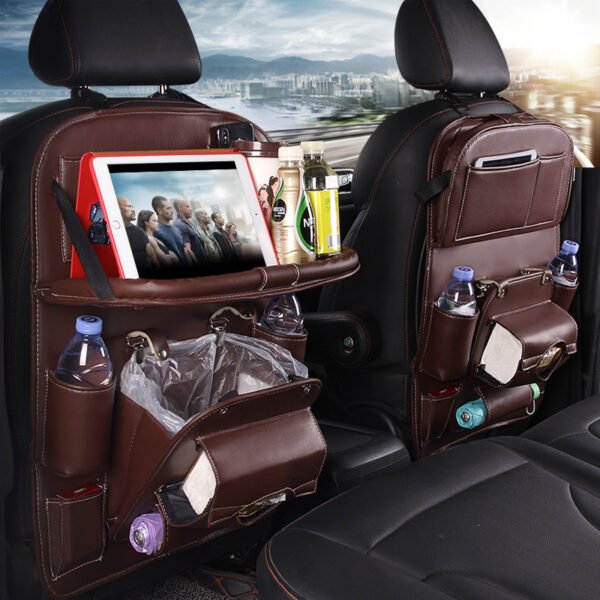 Leather Car Storage Bag Multifunction Seat Back Tray Hanging Bag Waterproof Car Organizer Automotive Interior Accessories