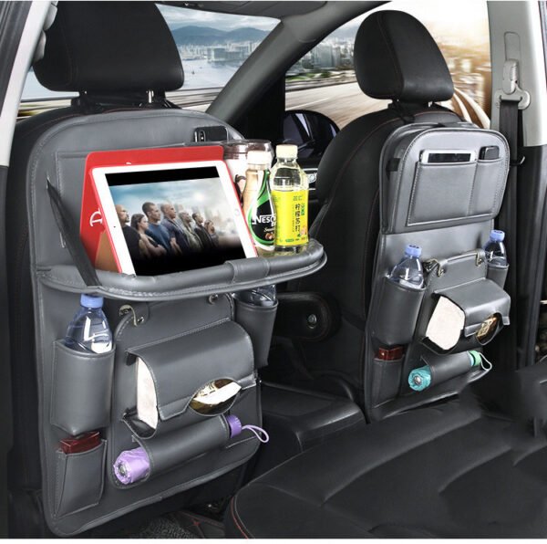 Leather Car Storage Bag Multifunction Seat Back Tray Hanging Bag Waterproof Car Organizer Automotive Interior Accessories - Image 6
